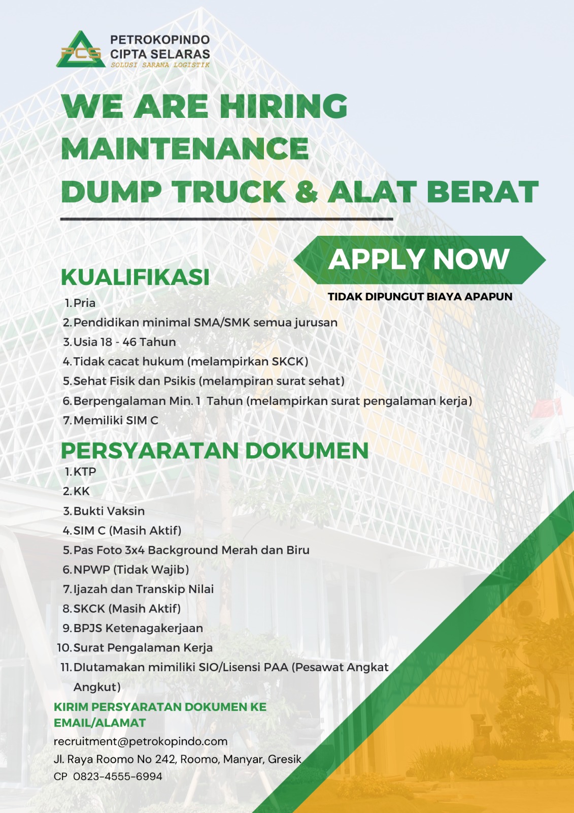karir maintenance dump truck alat berat petrokopindo